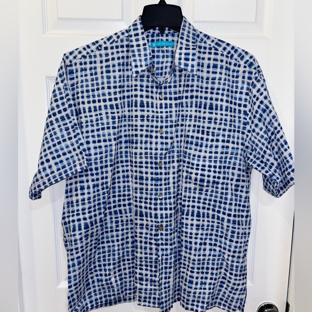 Tori Richard Shirt Mens L Copen Blue Check Windowpane Cotton Lawn SZ L​​